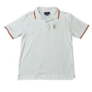 Psycho Bunny White Short Sleeve Polo Shirt‎ Pima Cotton Rainbow Trim Sz 7 FLAWED